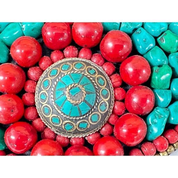 Tibetan Turquoise / Coral Beaded Neck Plate Bib  Necklace + Earrings - Picture 4 of 10